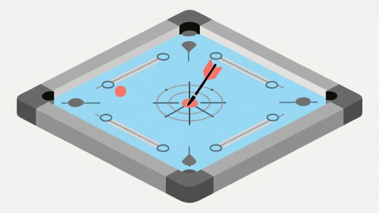 自动生成图片: Ilustrasi minimalis papan carrom dengan panah vektor menunjukkan arah dan sudut tumbukan, skema warna biru muda dan abu-abu, gaya diagram teknis yang bersih high quality illustration, detailed, 16:9