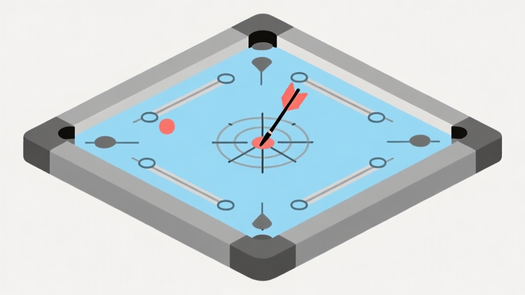 Ilustrasi minimalis papan carrom dengan panah vektor menunjukkan arah dan sudut tumbukan, skema warna biru muda dan abu-abu, gaya diagram teknis yang bersih high quality illustration, detailed, 16:9