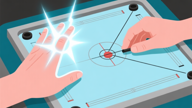 自动生成图片: Ilustrasi dua tangan memegang striker carrom di atas papan, satu tangan dengan aura energi yang kuat (untuk power), tangan lainnya dengan garis panduan presisi yang halus (untuk kontrol), skema warna biru muda dan abu-abu, desain minimalis clean high quality illustration, detailed, 16:9