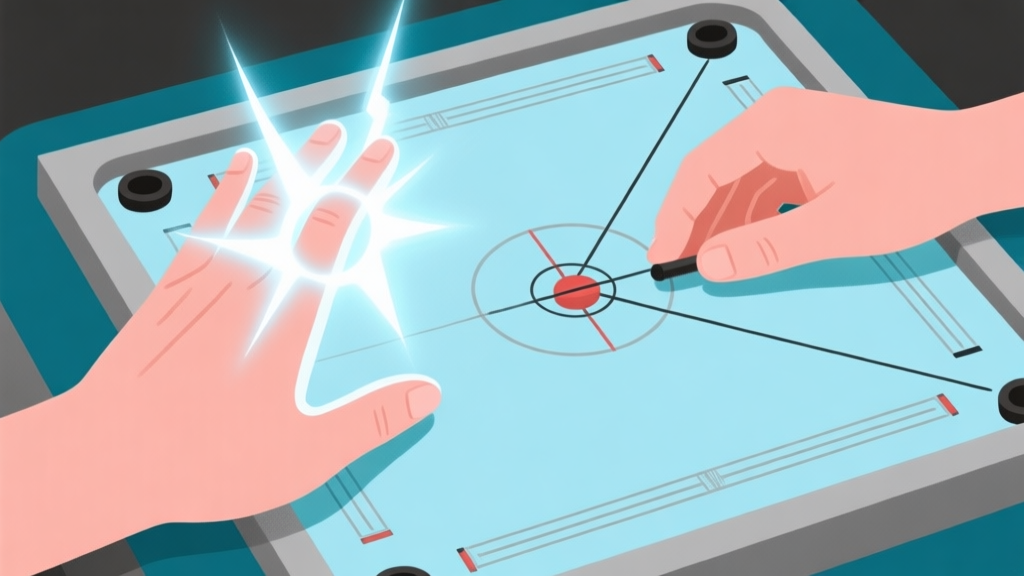 Ilustrasi dua tangan memegang striker carrom di atas papan, satu tangan dengan aura energi yang kuat (untuk power), tangan lainnya dengan garis panduan presisi yang halus (untuk kontrol), skema warna biru muda dan abu-abu, desain minimalis clean high quality illustration, detailed, 16:9