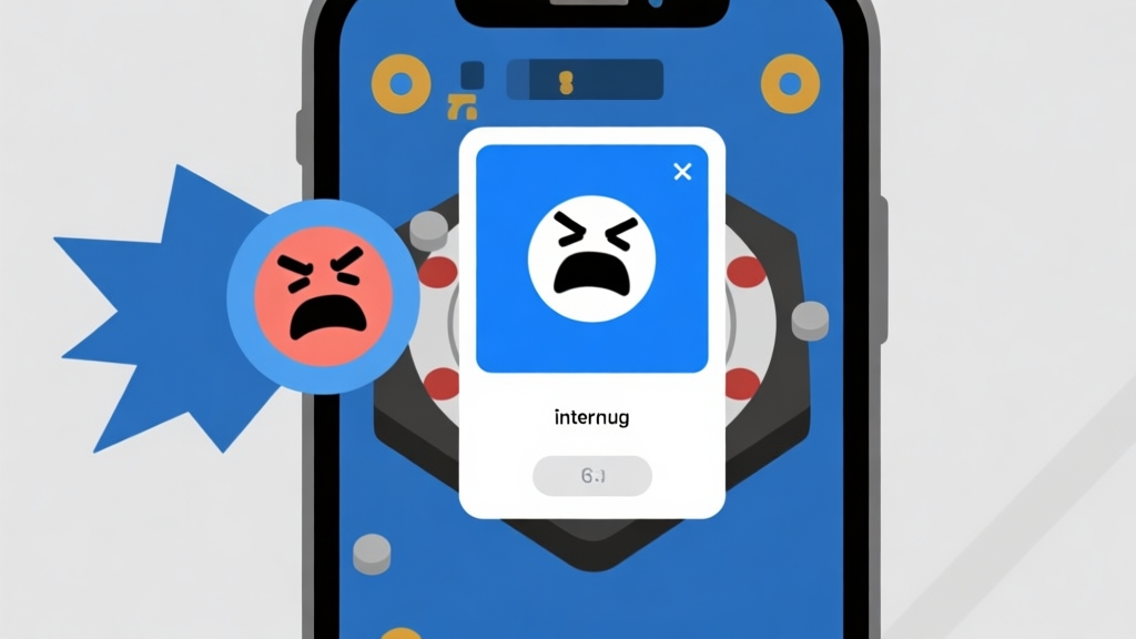 Ilustrasi layar ponsel dengan game carrom sedang dimainkan, diinterupsi oleh pop-up iklan besar di tengahnya, dengan ekspresi frustrasi simbolis di sekitar perangkat, gaya flat design minimalis, warna dominan biru dan abu-abu high quality illustration, detailed, 16:9