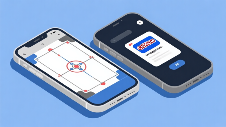 自动生成图片: Ilustrasi dua ponsel berdampingan, satu dengan layar game Carrom yang bersih tanpa gangguan, dan satu dengan pop-up iklan yang mengganggu, menggunakan gaya flat design minimalis dengan skema warna biru dan abu-abu yang profesional high quality illustration, detailed, 16:9