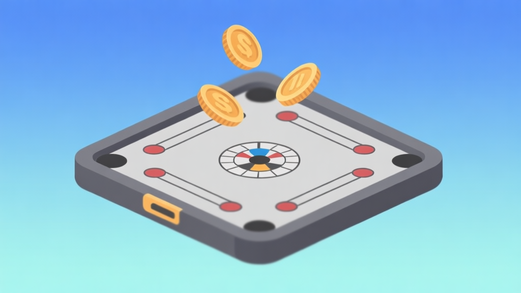 Ilustrasi minimalis papan Carrom digital dengan koin virtual melayang di atasnya, latar belakang gradient biru muda ke abu-abu, desain bersih dan modern, konsep game online high quality illustration, detailed, 16:9