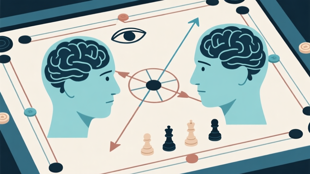 Ilustrasi dua pikiran yang saling berhadapan di atas papan Carrom, dengan simbol-simbol strategi seperti mata, diagram panah, dan bidak yang disusun, gaya minimalis dengan warna netral dan aksen biru muda, konsep psikologi permainan high quality illustration, detailed, 16:9