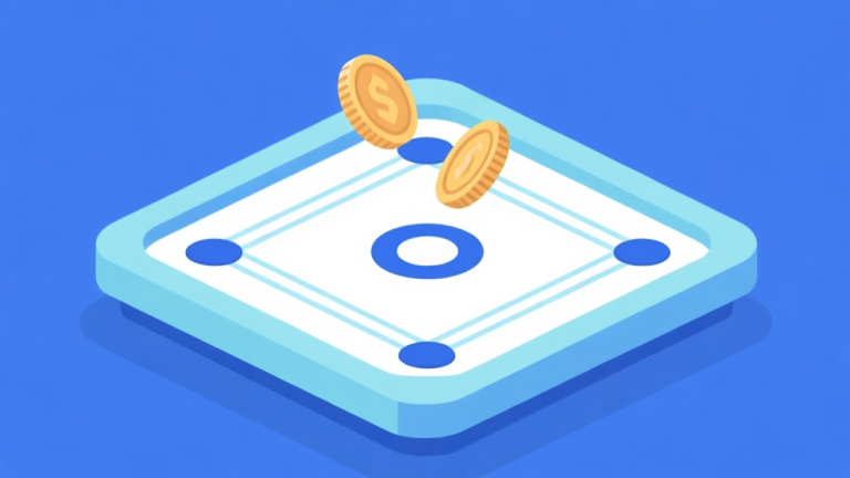 自动生成图片: Ilustrasi minimalis papan carrom digital dengan koin melayang di atasnya, skema warna biru muda dan putih, desain bersih, konsep aplikasi seluler high quality illustration, detailed, 16:9