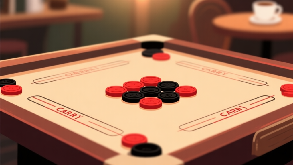 Ilustrasi minimalis papan Carrom dengan koin berwarna merah dan hitam tersusun rapi di tengah, latar belakang blur seperti kafe, cahaya hangat, gaya ilustrasi digital yang bersih high quality illustration, detailed, 16:9