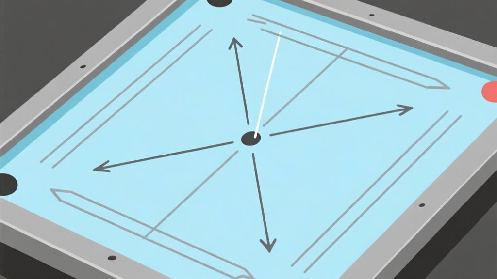 Ilustrasi minimalis papan carrom dengan garis-garis panah tipis menunjukkan arah pantulan, skema warna biru muda dan abu-abu, gaya diagram fisika yang bersih high quality illustration, detailed, 16:9