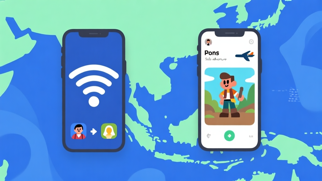 Ilustrasi dua sisi yang kontras: satu sisi menunjukkan ponsel dengan ikon Wi-Fi stabil dan avatar multiplayer, sisi lain menunjukkan ponsel dengan mode pesawat dan karakter solo adventure, latar belakang abstrak dengan peta Indonesia samar, gaya flat design minimalis dengan warna biru dan hijau muda high quality illustration, detailed, 16:9