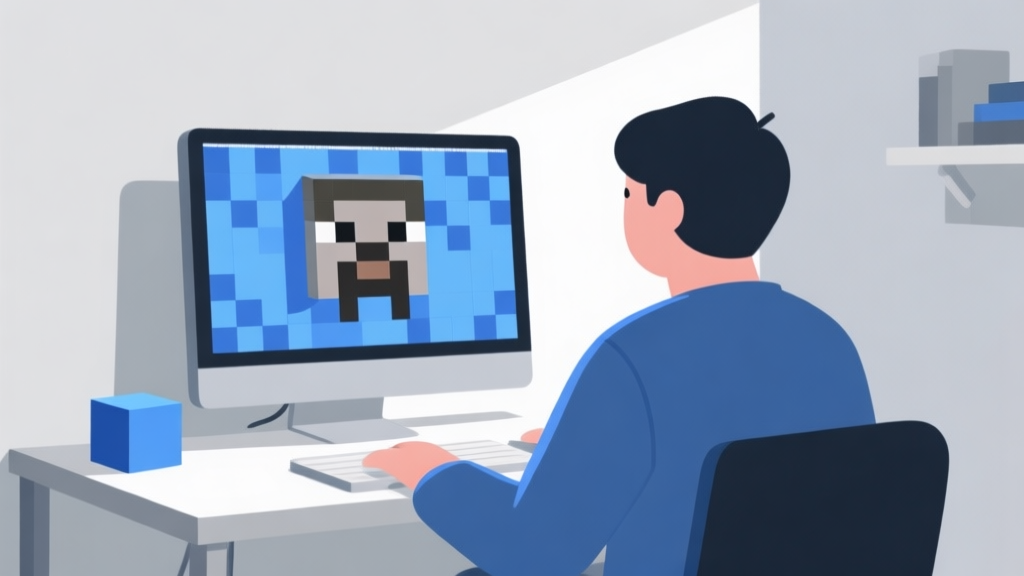 Ilustrasi minimalis seorang programmer di depan komputer di ruangan sederhana, dengan blok-blok kubus ikonik Minecraft terbentuk di layar, warna skema biru dan abu-abu yang lembut, gaya desain bersih dan inspirasional high quality illustration, detailed, 16:9