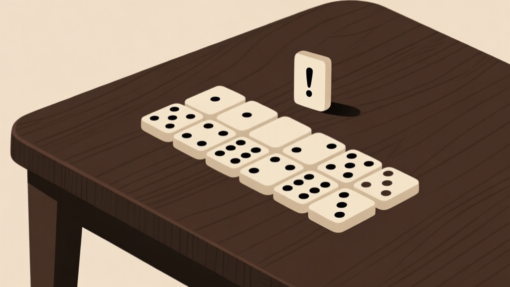 Ilustrasi minimalis kartu domino yang tersusun rapi di atas meja kayu gelap, dengan satu kartu terpisah dan tanda seru di atasnya, skema warna earth tone yang tenang, gaya clean dan profesional high quality illustration, detailed, 16:9