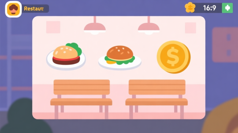 自动生成图片: Ilustrasi minimalis antarmuka game manajemen restoran, menunjukkan ikon makanan, koin, dan bangku pelanggan, dengan skema warna pastel yang lembut dan desain bersih high quality illustration, detailed, 16:9