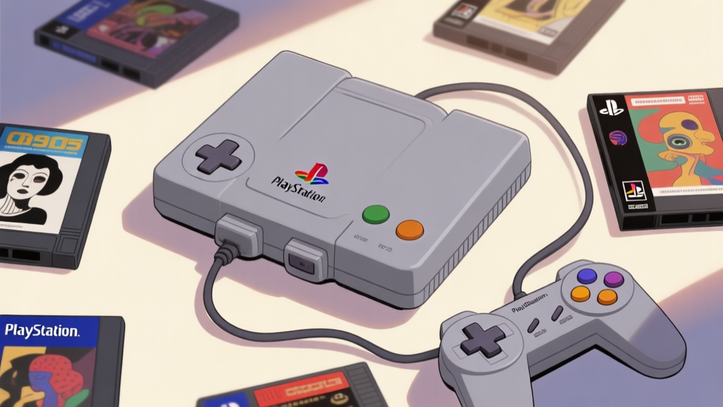Ilustrasi retro PlayStation 1 dengan kabel controller berwarna abu-abu, dikelilingi oleh beberapa kaset game PS1 dengan sampul yang artistik dan tidak biasa, cahaya lembut, gaya ilustrasi digital dengan sentuhan nostalgia high quality illustration, detailed, 16:9