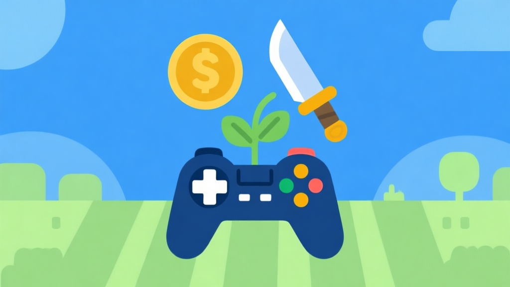 Ilustrasi minimalis konsep farming dalam game, menunjukkan ikon koin, pedang, dan tanaman yang tumbuh dari kontroler game, skema warna biru dan hijau muda, desain bersih dan datar high quality illustration, detailed, 16:9