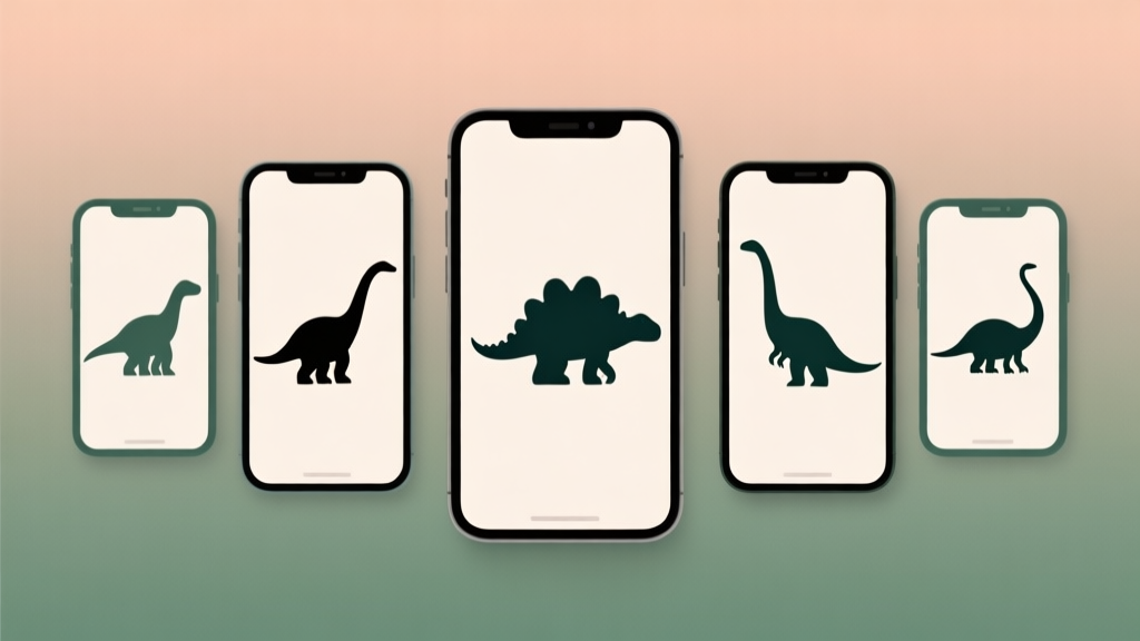 Komposisi ilustrasi minimalis beberapa ikon ponsel dengan layar menampilkan siluet dinosaurus yang berbeda-beda, latar belakang gradien lembut earth tone, gaya desain bersih dan modern high quality illustration, detailed, 16:9