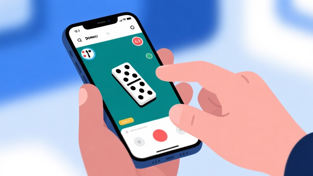 Ilustrasi layar smartphone dengan antarmuka game domino yang bersih dan modern, tangan pemain sedang mengetuk layar, latar belakang blur dengan nuansa biru dan putih, gaya minimalis high quality illustration, detailed, 16:9
