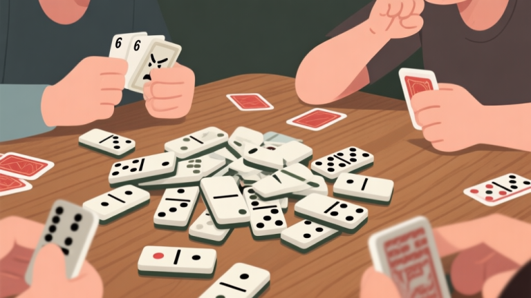 自动生成图片: Ilustrasi kartu domino gaple berantakan di atas meja kayu, dengan ekspresi wajah pemain yang frustrasi, gaya ilustrasi digital yang bersih, warna netral high quality illustration, detailed, 16:9