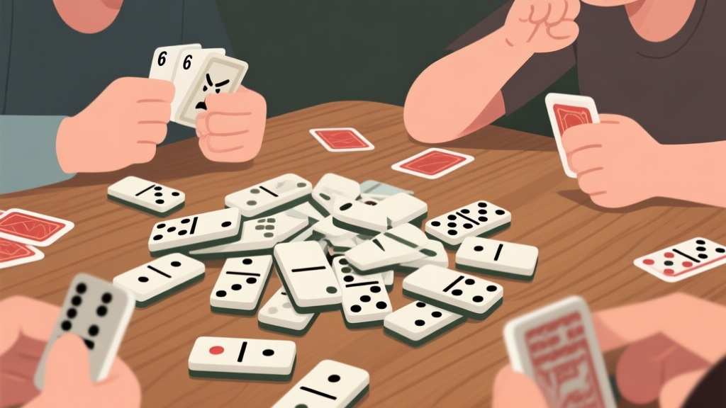 Ilustrasi kartu domino gaple berantakan di atas meja kayu, dengan ekspresi wajah pemain yang frustrasi, gaya ilustrasi digital yang bersih, warna netral high quality illustration, detailed, 16:9
