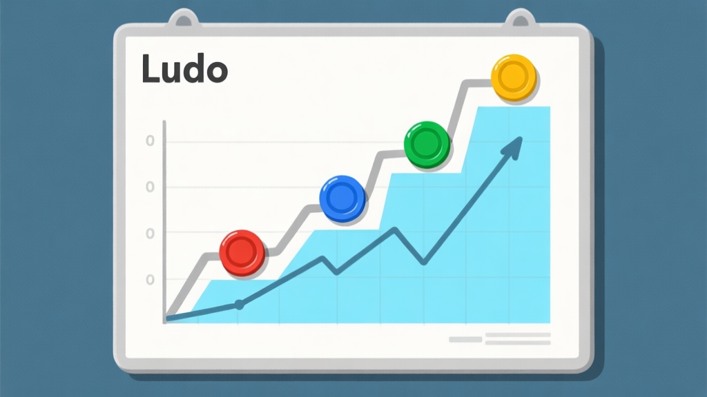Ilustrasi grafis minimalis papan Ludo dengan empat token berwarna berbeda bergerak di jalur, ditumpangi dengan diagram garis yang menunjukkan tren kenaikan, skema warna biru muda dan abu-abu, desain bersih dan informatif high quality illustration, detailed, 16:9