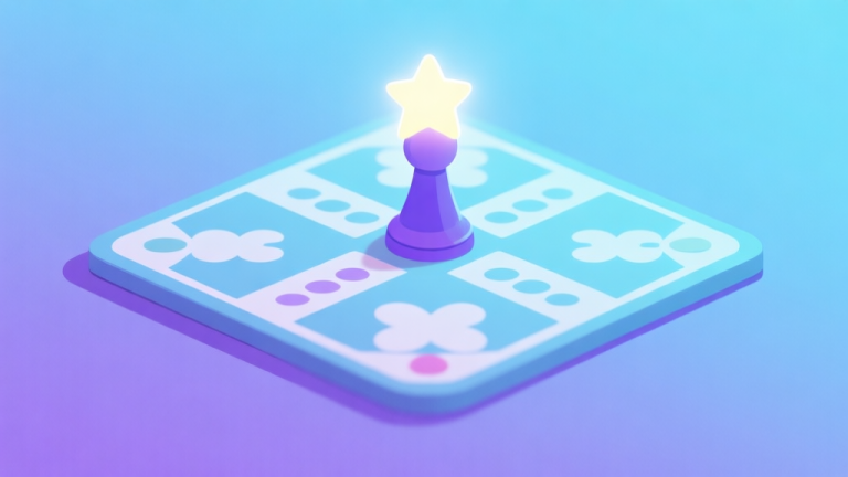 自动生成图片: Ilustrasi minimalis papan permainan Ludo dengan satu pion bercahaya seperti bintang, latar belakang biru muda dan ungu lembut, gaya desain bersih, konsep game digital high quality illustration, detailed, 16:9