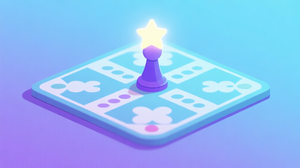 Ilustrasi minimalis papan permainan Ludo dengan satu pion bercahaya seperti bintang, latar belakang biru muda dan ungu lembut, gaya desain bersih, konsep game digital high quality illustration, detailed, 16:9