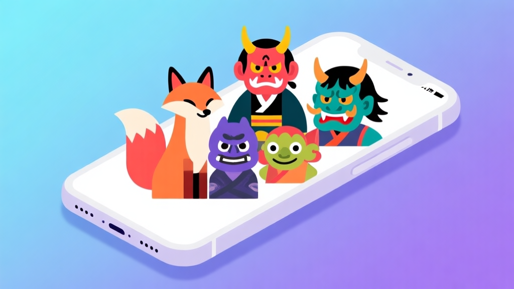 Ilustrasi minimalis berbagai karakter yokai Jepang yang berwarna-warni seperti Kitsune, Oni, dan Tengu, muncul dari smartphone dengan latar belakang gradien biru muda dan ungu, gaya seni digital yang bersih dan modern high quality illustration, detailed, 16:9