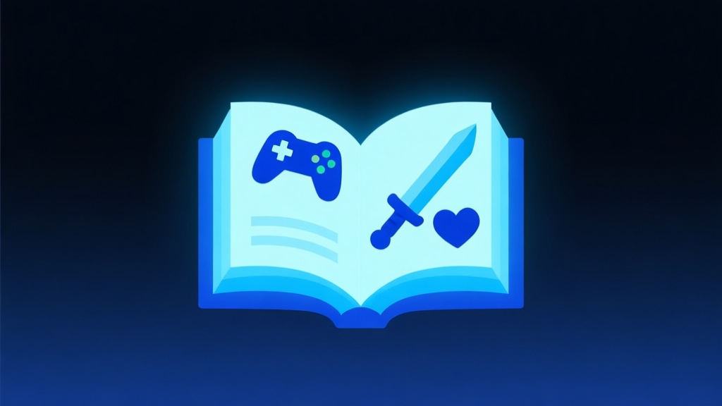 Ilustrasi digital minimalis dengan ikon buku ensiklopedia terbuka yang memancarkan cahaya biru, dihiasi dengan simbol-simbol game seperti joystick, pedang, dan hati, latar belakang gelap dengan gradien lembut, gaya profesional dan bersih high quality illustration, detailed, 16:9