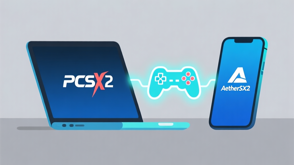 Ilustrasi minimalis dua perangkat: sebuah laptop dengan logo PCSX2 dan sebuah ponsel dengan logo AetherSX2, dihubungkan oleh garis cahaya abstrak yang membentuk ikon game controller PS2, skema warna biru muda dan abu-abu, desain bersih high quality illustration, detailed, 16:9