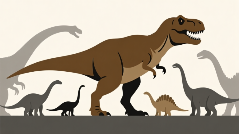 自动生成图片: Komposisi ilustrasi minimalis beberapa siluet dinosaurus berbeda ukuran, termasuk T-Rex besar di tengah, dengan skema warna earth tone dan abu-abu, gaya clean vector, konsep perbandingan kekuatan high quality illustration, detailed, 16:9
