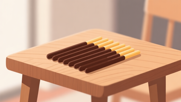 自动生成图片: Ilustrasi minimalis beberapa stik Pocky cokelat tersusun rapi di atas meja kayu dengan latar belakang blur, suasana santai dan hangat, gaya flat design yang bersih high quality illustration, detailed, 16:9