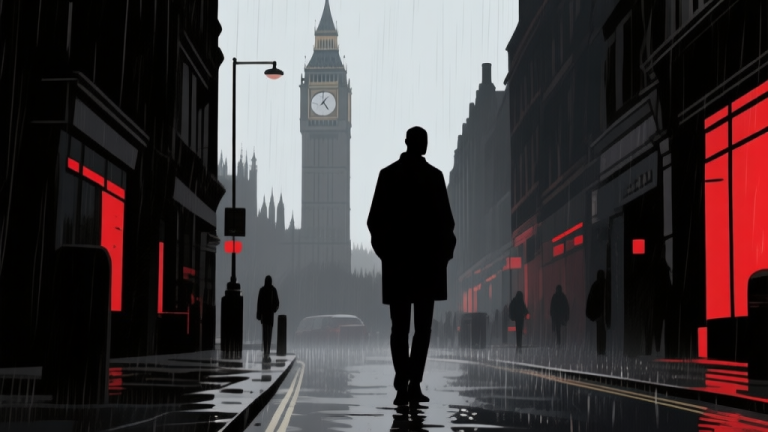 自动生成图片: Ilustrasi minimalis dengan siluet karakter di jalanan London yang basah, palet warna gelap didominasi hitam, abu-abu, dan merah aksen, gaya cinematic, fokus pada atmosfer muram dan tegang high quality illustration, detailed, 16:9