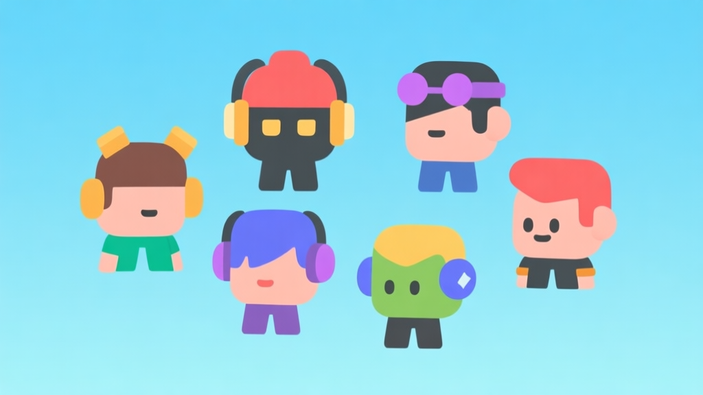 Ilustrasi minimalis beberapa avatar game sederhana dengan berbagai aksesori dan warna berbeda di atas latar belakang biru muda yang bersih, menunjukkan konsep kustomisasi karakter high quality illustration, detailed, 16:9