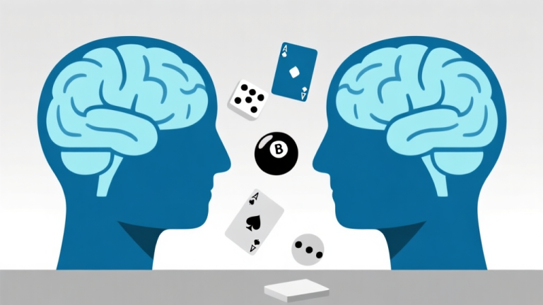 自动生成图片: Ilustrasi abstrak dua pikiran yang saling berhadapan dalam permainan, dengan simbol dadu, kartu, dan bola biliar mengambang di antaranya, skema warna biru muda dan abu-abu, desain minimalis bersih, gaya konsep psikologi high quality illustration, detailed, 16:9