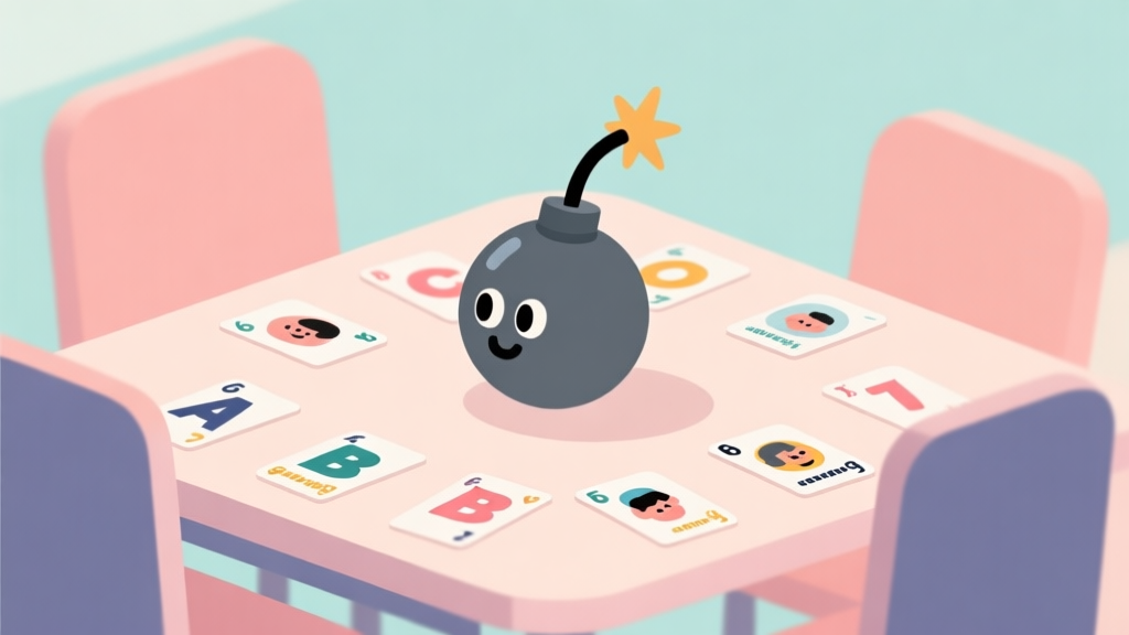 Ilustrasi minimalis sebuah bom kartun dengan sumbu pendek, diletakkan di tengah meja dikelilingi oleh kartu-kartu kecil bergambar huruf dan kategori, warna latar belakang pastel lembut, gaya desain bersih dan modern high quality illustration, detailed, 16:9