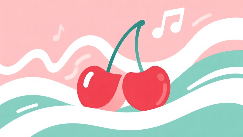 Komposisi visual minimalis dengan ilustrasi ceri stylized dan gelombang suara abstrak, skema warna pastel lembut (merah muda, putih, hijau muda), desain bersih, ilustrasi konsep digital high quality illustration, detailed, 16:9