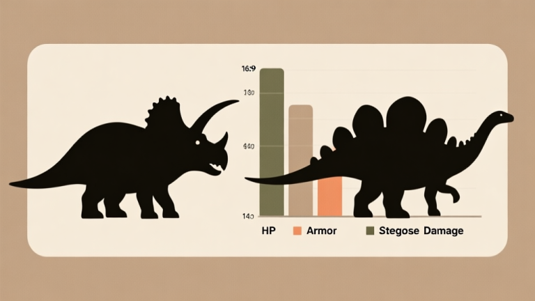 自动生成图片: Ilustrasi perbandingan side-by-side dua siluet dinosaurus, Triceratops dan Stegosaurus, dengan diagram batang sederhana yang menunjukkan HP, Armor, dan Damage di sampingnya. Gaya minimalis, skema warna earth tone, clean dan profesional high quality illustration, detailed, 16:9