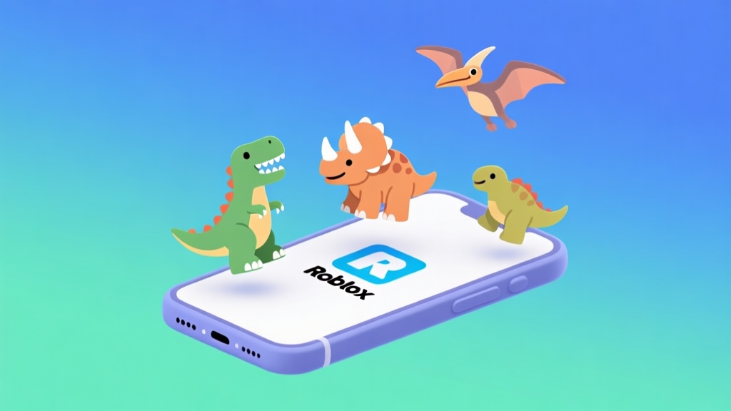 Ilustrasi minimalis beberapa ikon dinosaurus kecil (T-Rex, Triceratops, Pterodactyl) melayang di atas ponsel dengan logo Roblox, latar belakang gradien biru muda dan hijau, gaya desain bersih dan modern high quality illustration, detailed, 16:9