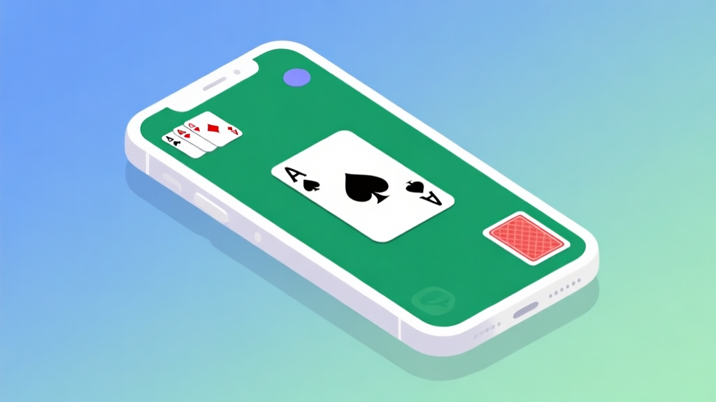 Ilustrasi minimalis ponsel dengan layar menampilkan permainan kartu Solitaire yang sedang berjalan, latar belakang gradien lembut biru dan hijau, desain bersih dan modern, konsep game mobile santai high quality illustration, detailed, 16:9
