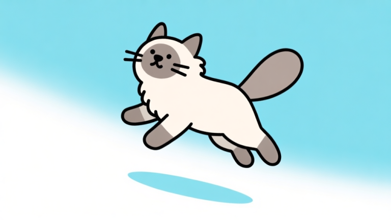 自动生成图片: Ilustrasi minimalis karakter ragdoll sederhana sedang melayang di udara dengan latar belakang biru muda dan putih, gaya desain bersih, menampilkan fisika yang kacau namun lucu high quality illustration, detailed, 16:9