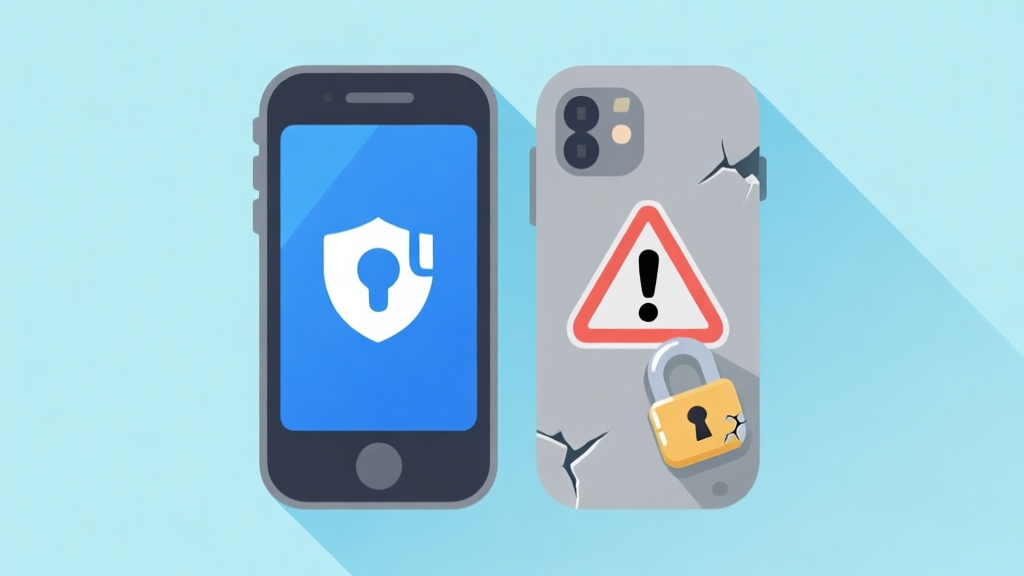 Ilustrasi minimalis dua ponsel berdampingan, satu menampilkan logo game Ludo yang bersih dan aman, satunya lagi dengan tanda peringatan dan kunci rusak, skema warna biru muda dan abu-abu, desain bersih untuk konsep keamanan digital high quality illustration, detailed, 16:9