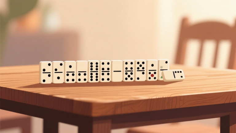 自动生成图片: Ilustrasi minimalis set domino gaple berjajar di atas meja kayu, latar belakang soft blur, cahaya hangat, gaya hidup santai khas Indonesia high quality illustration, detailed, 16:9