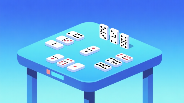 自动生成图片: Ilustrasi digital minimalis dari kartu domino yang tersusun rapi di atas meja virtual dengan latar belakang gradient biru muda, nuansa game arcade yang bersih dan modern high quality illustration, detailed, 16:9