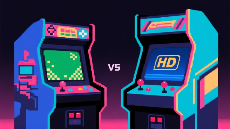 自动生成图片: Ilustrasi perbandingan dua layar game arcade side-by-side, satu dengan grafis pixel klasik dan satu dengan grafis HD modern, latar belakang gelap dengan aksen warna neon, gaya minimalis high quality illustration, detailed, 16:9