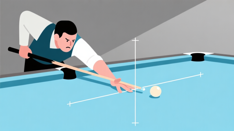 自动生成图片: Ilustrasi minimalis seorang pemain billiard dengan pose stance yang salah dan garis bantu abstrak menunjukkan ketidaksejajaran, skema warna biru muda dan abu-abu, gaya clean vector high quality illustration, detailed, 16:9
