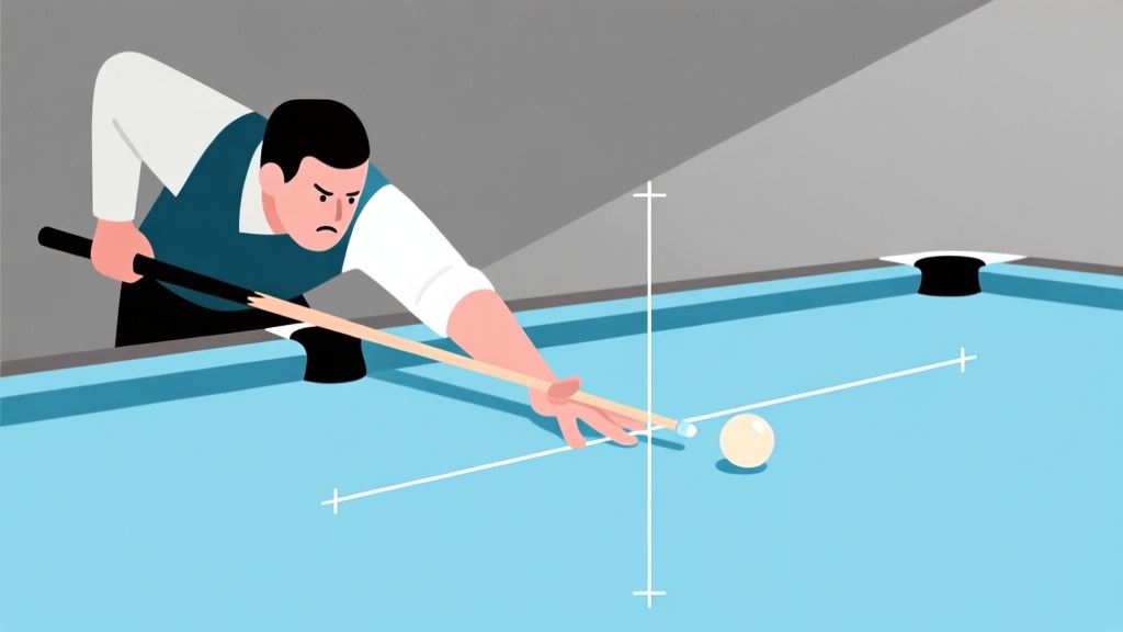 Ilustrasi minimalis seorang pemain billiard dengan pose stance yang salah dan garis bantu abstrak menunjukkan ketidaksejajaran, skema warna biru muda dan abu-abu, gaya clean vector high quality illustration, detailed, 16:9