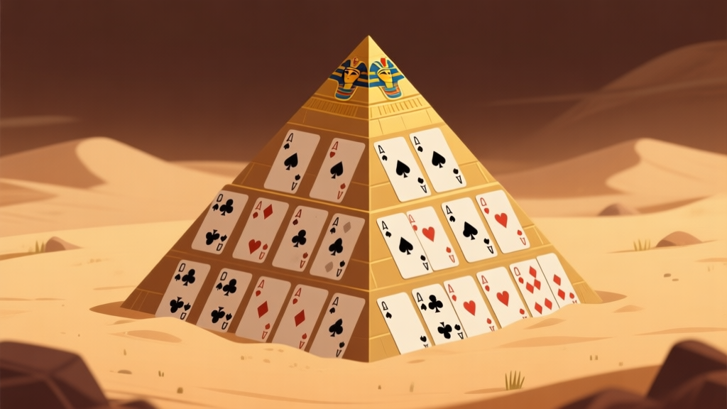 Ilustrasi minimalis kartu remi yang tersusun dengan pola piramida di atas latar belakang padang pasir dan hieroglif Mesir, skema warna cokelat pasir dan emas, desain bersih, gaya ilustrasi game digital high quality illustration, detailed, 16:9