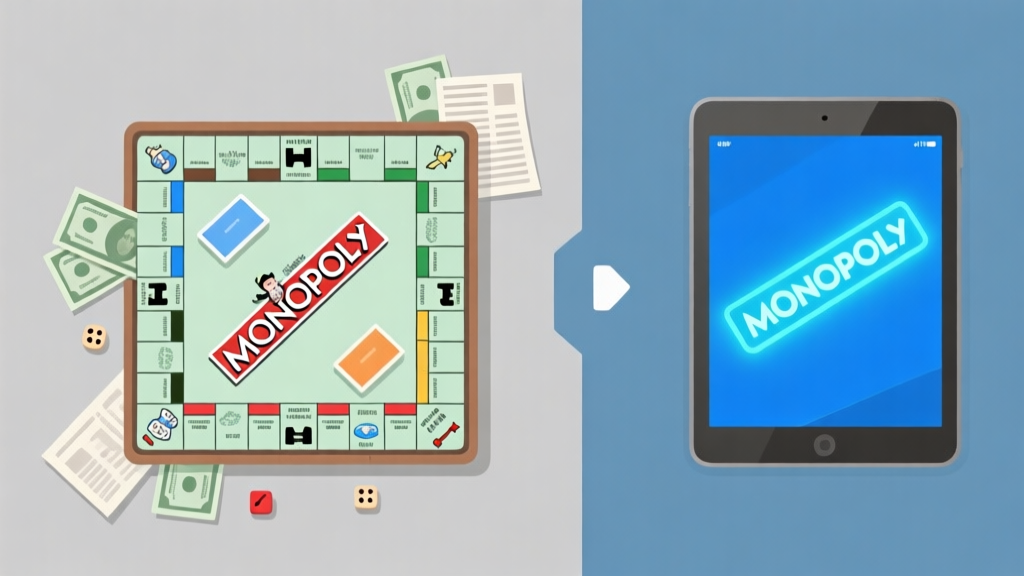 Ilustrasi dua sisi yang kontras: satu sisi menunjukkan papan permainan Monopoli fisik dengan uang kertas dan bidak, sisi lain menunjukkan tablet dengan aplikasi Monopoli yang menyala, desain minimalis dengan warna biru muda dan abu-abu, gaya infografis yang bersih high quality illustration, detailed, 16:9