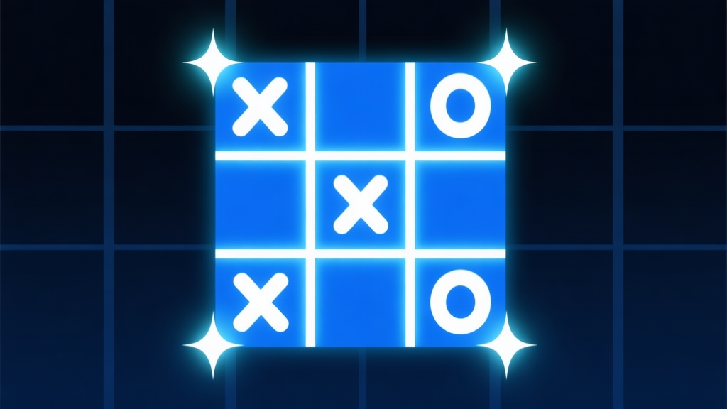 Ilustrasi papan TikTakTo 3x3 dengan simbol X dan O yang bersinar di sudut-sudut strategis, latar belakang gelap dengan garis grid bercahaya, gaya minimalis dan clean, nuansa biru dan putih high quality illustration, detailed, 16:9