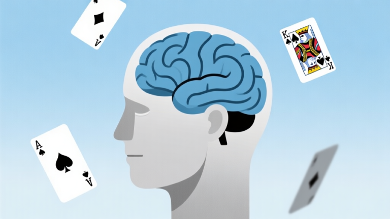 自动生成图片: Ilustrasi minimalis kepala manusia dengan gelombang otak yang tenang dan stabil, dikelilingi oleh simbol kartu remi (As, King) yang melayang lembut. Skema warna pastel biru dan abu-abu, gaya clean dan abstrak, konsep fokus dan ketenangan high quality illustration, detailed, 16:9