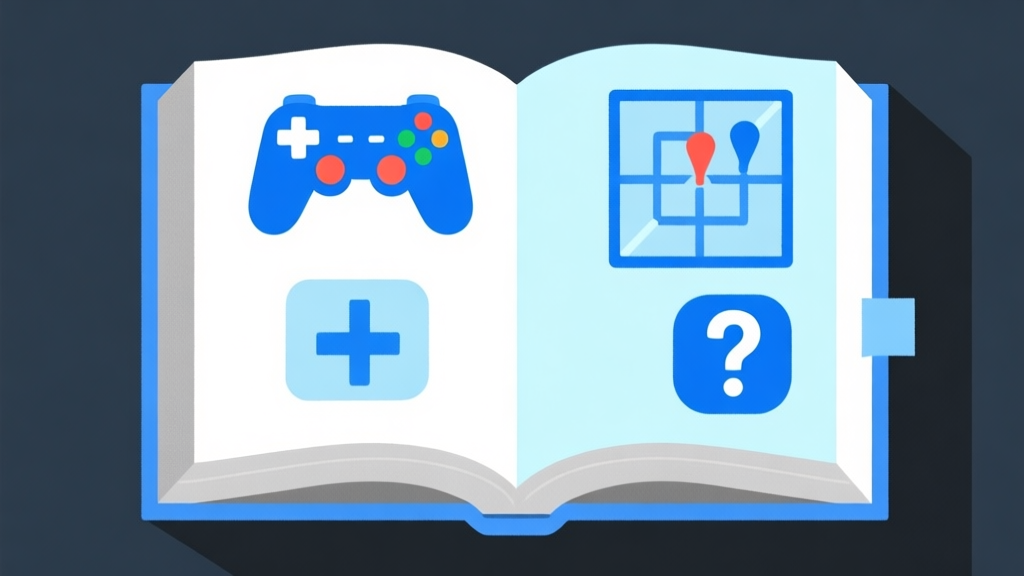 Ilustrasi minimalis sebuah buku besar terbuka dengan simbol-simbol game seperti joystick, papan strategi, dan ikon pertanyaan, skema warna biru muda dan abu-abu, desain bersih dan informatif high quality illustration, detailed, 16:9