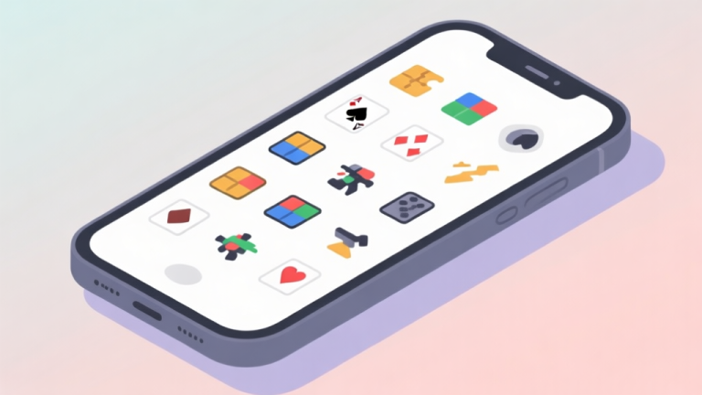 自动生成图片: Ilustrasi minimalis layar komputer atau ponsel dengan ikon berbagai jenis game sederhana seperti puzzle, kartu, dan aksi, tersusun rapi di atas latar belakang warna pastel lembut, desain bersih dan modern high quality illustration, detailed, 16:9